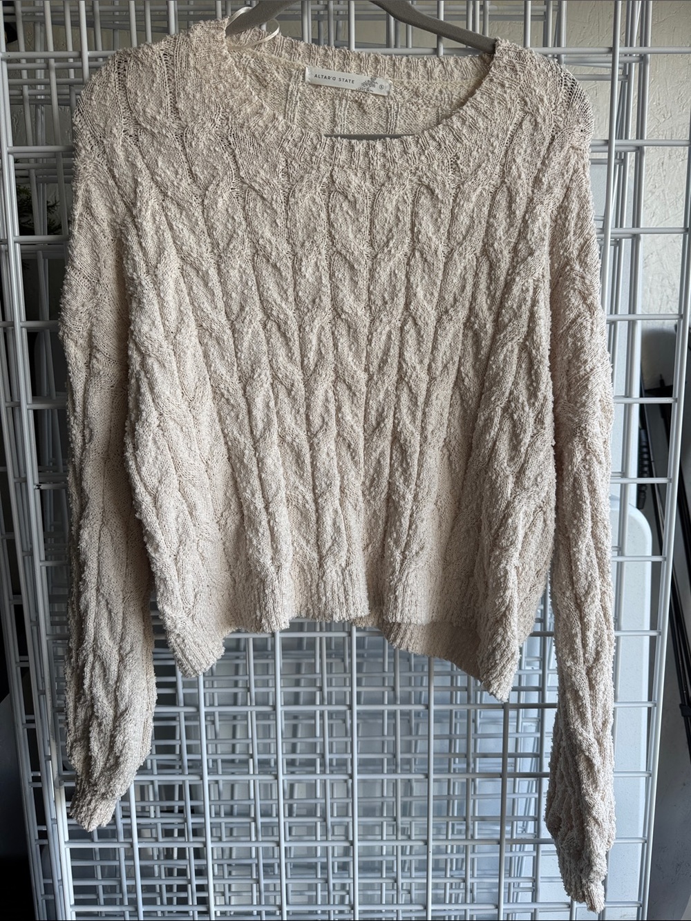 Altar'd State Cream Bouclé Cable Knit Crewneck Sweater